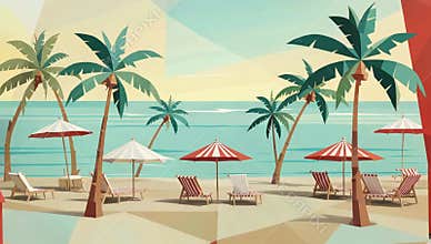 Serene beach scene with palm trees umbrellas and lounge chairs in a geometric art style
