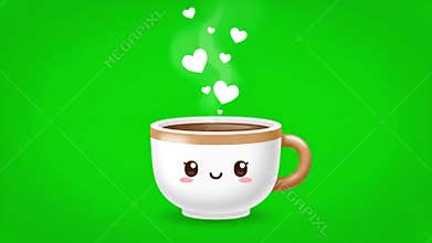 Cute Animated Coffee Cup Smiling Against Green Background
