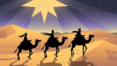 Three Wise Men on Camels Traveling Across Desert Under Starry Sky with Bright Star Guiding Them
