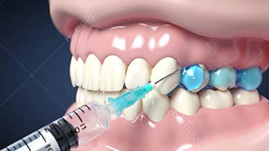 dental injection illustration showing a syringe administering medication to gums for treatment or anesthesia in a 3d rendering