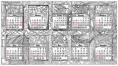 Vintage Doodle Calendar Pages with Intricate Designs for Each Month