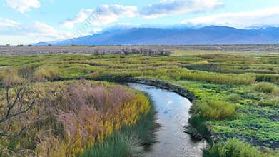 Aerial Owens River Sierra Nevada Marshland California Flyover