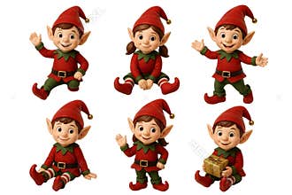 Png set of christmas elf figurines in festive attire isolated on transparent background. concept of holiday decor, festive