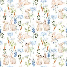 Watercolor seamless patterns with bunnies, carrots and wildflowers. Soft hand-painted spring design perfect for nursery wallpaper