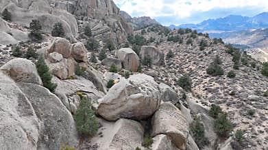 Aerial Granite Formations and High Desert Landscape Bishop California Fly Through