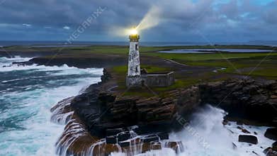 Dramatic Lighthouse Beacon on Rugged Coastal Rocks in Stormy Weather