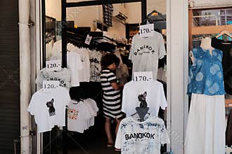 Bangkok Street Store Selling Souvenir T-Shirts with Prices