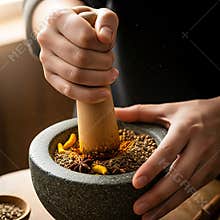 Hands grinding spices in a mortar and pestle for cooking and seasoning food dishes