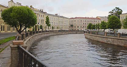 Russia, St.Petersburg, 25 June 2025: the embankment of the Kryukov Canal and the Griboyedov Canal, boats floating on the