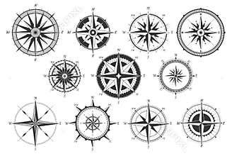 Vintage compass. Nautical map directions vintage rose wind. Retro marine wind measure. Windrose compasses vector icons
