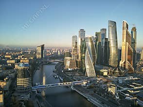 Moscow International Business Center and Moscow urban skyline after sunset. Panorama. Aerial view