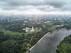 Church of the Ascension in Kolomenskoye park in autumn season aerial view , Moscow, Russia
