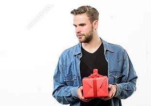 Happy birthday. Man share present. Handsome macho man. Love date. Romantic greeting. Boxing day. unshaven man with