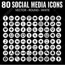 80 Vector Round white Social Media Icons for graphic design and web design