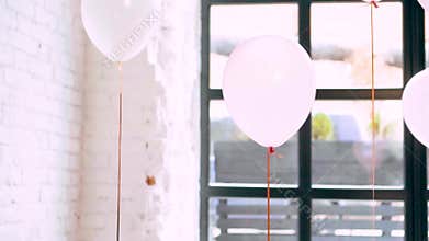 Light helium balloons in pink, white colors hang over the floor while transparent wonderful balloons lie on the floor