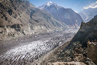 Hopar glacier or Hopper glacier is covered with rubble, boulders and mud, Nagar Valley. Gilgit Baltistan, Pakistan