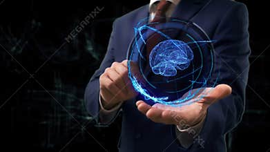 Businessman shows concept hologram 3d brain on his hand