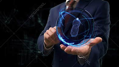 Businessman shows concept hologram 3d bottle on his hand