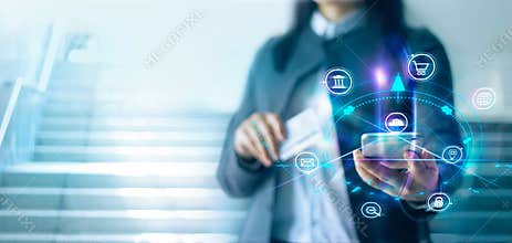 Woman using mobile payments. Digital marketing. Banking network. Online shopping
