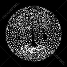 The tree of life. Mandala. Symbolic pattern in white. Manual graphics on a black background. Spiritual symbol.