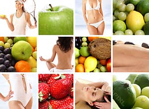 A nutrition collage with a lot of tasty fruits