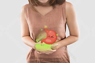 Cartoon stomach in the woman belly filled with gas the cause of flatulence and stomach ache
