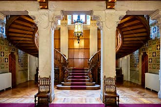 Savoia Castle inside, the fabulous wooden staircase., Gressoney Saint Jean, Aosta, Italy