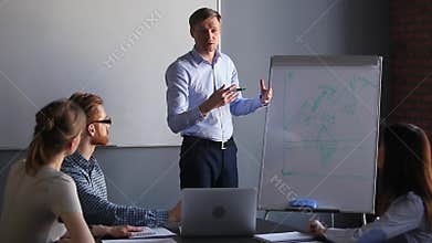 Confident business coach trainer speaking teaching workers at training