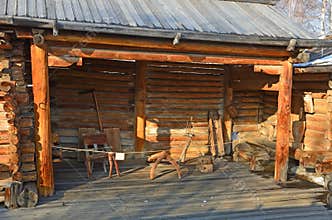 Taltsy, Irkutsk region, Russia, March, 02, 2017. Architectural ethnographic museum Taltsy. Internal courtyard of the farm of Nepom