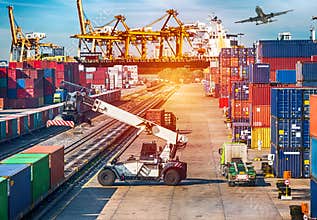 Business Logistics concept ship, plane, truck and train for Logistic Import Export with skyscraper backgrounground.