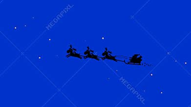 Santa Claus and his reindeers flying in the sky.