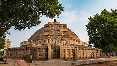 Sanchi, India - circa November, 2017: time lapse Sanchi Stupa, Madhya Pradesh, India. Ancient buddhist building, religion mystery,