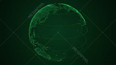 Binary green 3D planet Earth constructed with numbers rotation. Spinning globe, shining binary continents. HUD planet
