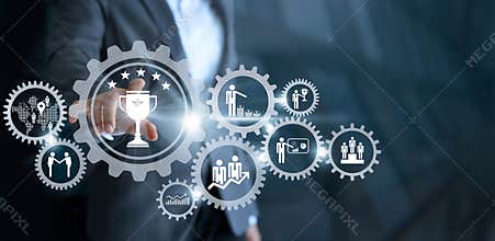 Business mechanism concept. Businessman touching trophy winner s