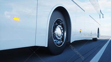 Tourist white bus on the road, highway. Very fast driving. Touristic and travel concept. 3d rendering.