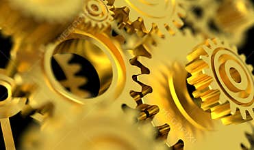 4K Animation 3D Rendering golden metal rotation mechanic wheel gear on the dark background