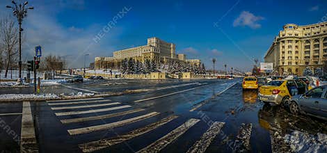 Romanian Parliament panorama in winter season