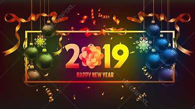 Vector illustration of happy new year 2019 gold and black colors place for text christmas balls