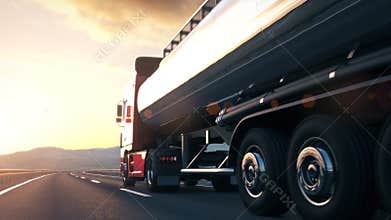 Semi-trailer tank truck driving along a desert road