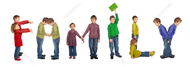 Boy and girl making word FAMILY, collage