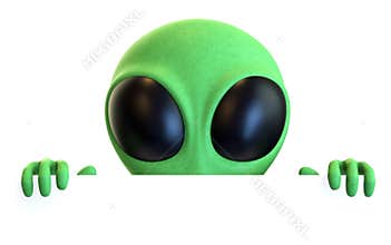 Green Cartoon Alien Peeking over a Blank Sign