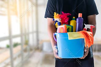 Man cleaning service concept clean room and office tools