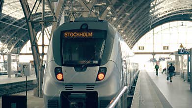 Modern train to Stockholm. Travelling to Sweden conceptual intro clip