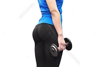 Sport girl In a black workout suit on white background,sport girl Holding a steel dumbbell,beautiful ass,healty women,fitness girl