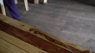 Setting tables and chairs for dinner or party event in restaurant