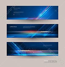 Abstract banners set with image of speed movement pattern and motion blur over dark blue color.