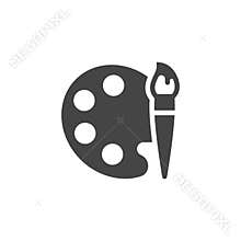 Palette for paints and brush icon. Symbol of drawing, art training. Tool for artists. Graphic flat sign. Vector