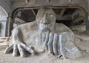The Fremont Troll, a colossal statue under the north end of the George Washington Memorial Bridge in Seattle, Washington.