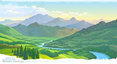 The mountains, the meadows, the green landscape and the river. Vector Image.