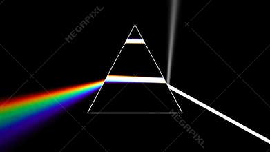Prism separating a ray of light into the seven colors of the spectrum. Light source rotates, giving beautiful rainbow